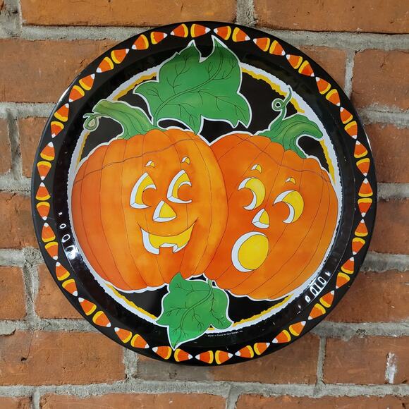 Vintage Halloween Pumpkin Tin Serving Tray – Candy Corn Border 13" Cutesy - Picture 1 of 5